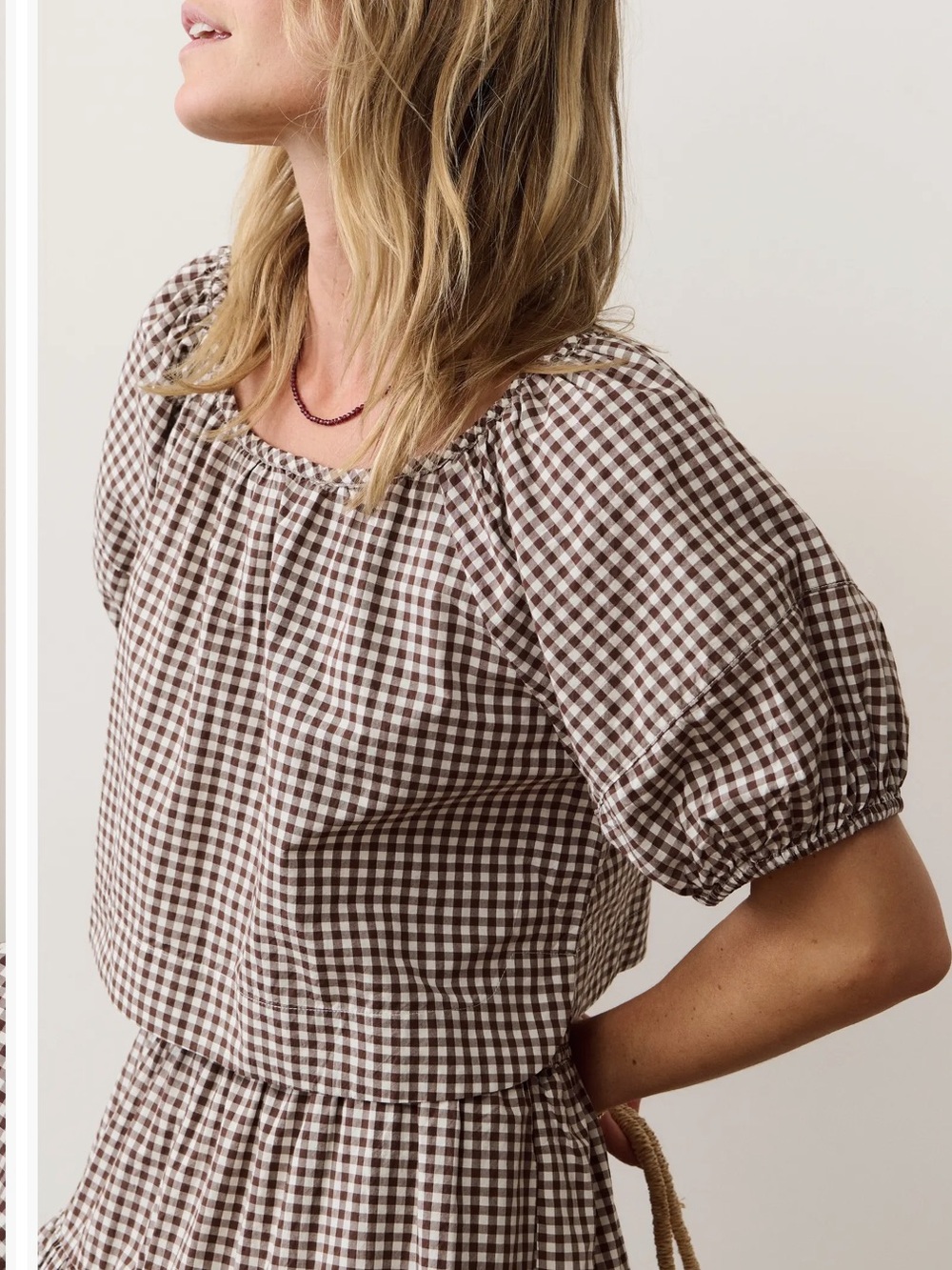 Marine Layer Chocolate Gingham Puff-Sleeve Top